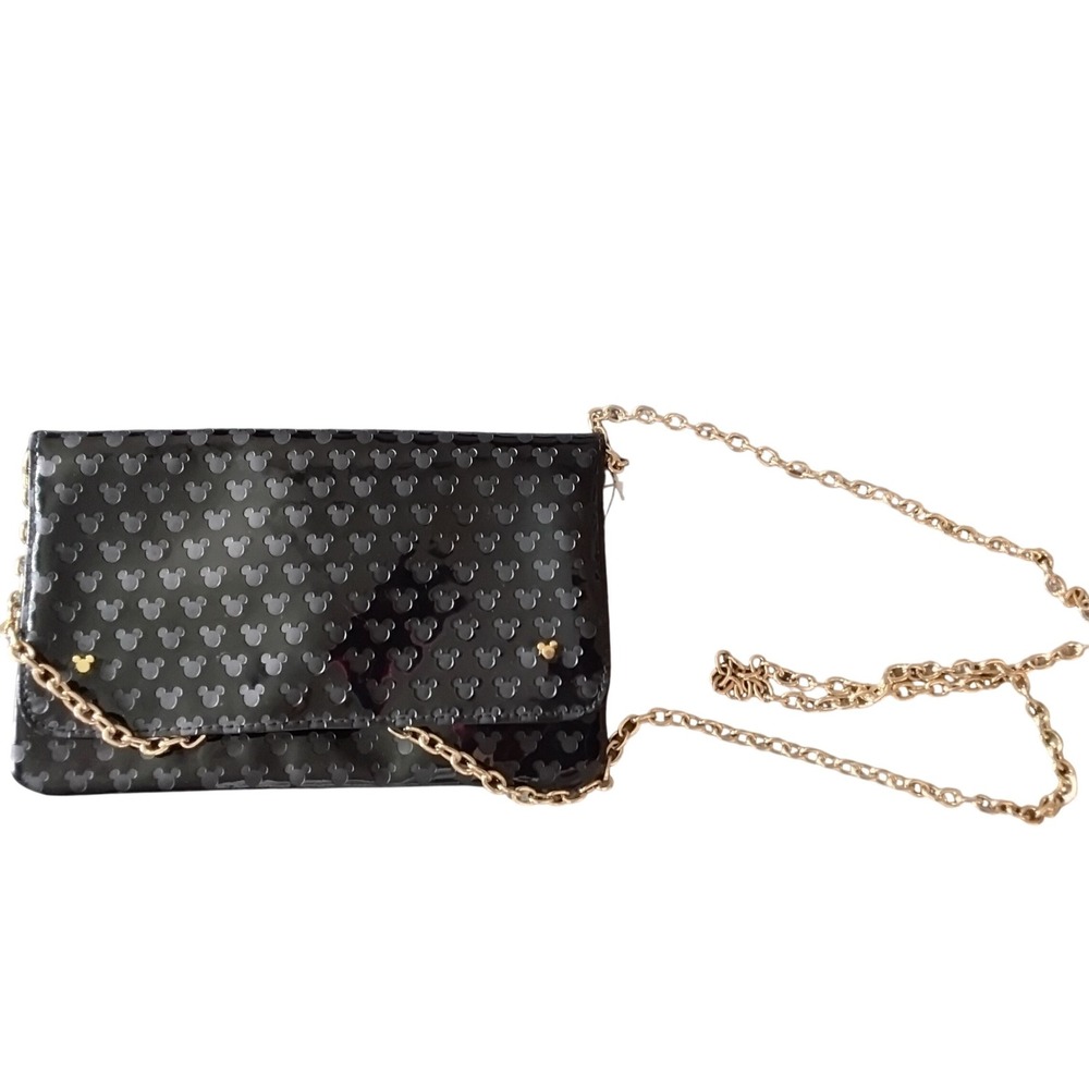 Disney Mickey Mouse Black Patent Embossed Crossbody Clutch Bag Gold Chain Strap